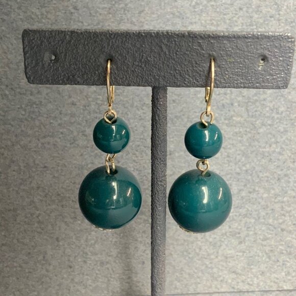 Double Dangle Pierced Earrings 2.5 In Round Bead Teal Blue Silver Drop Vintage - Picture 1 of 4